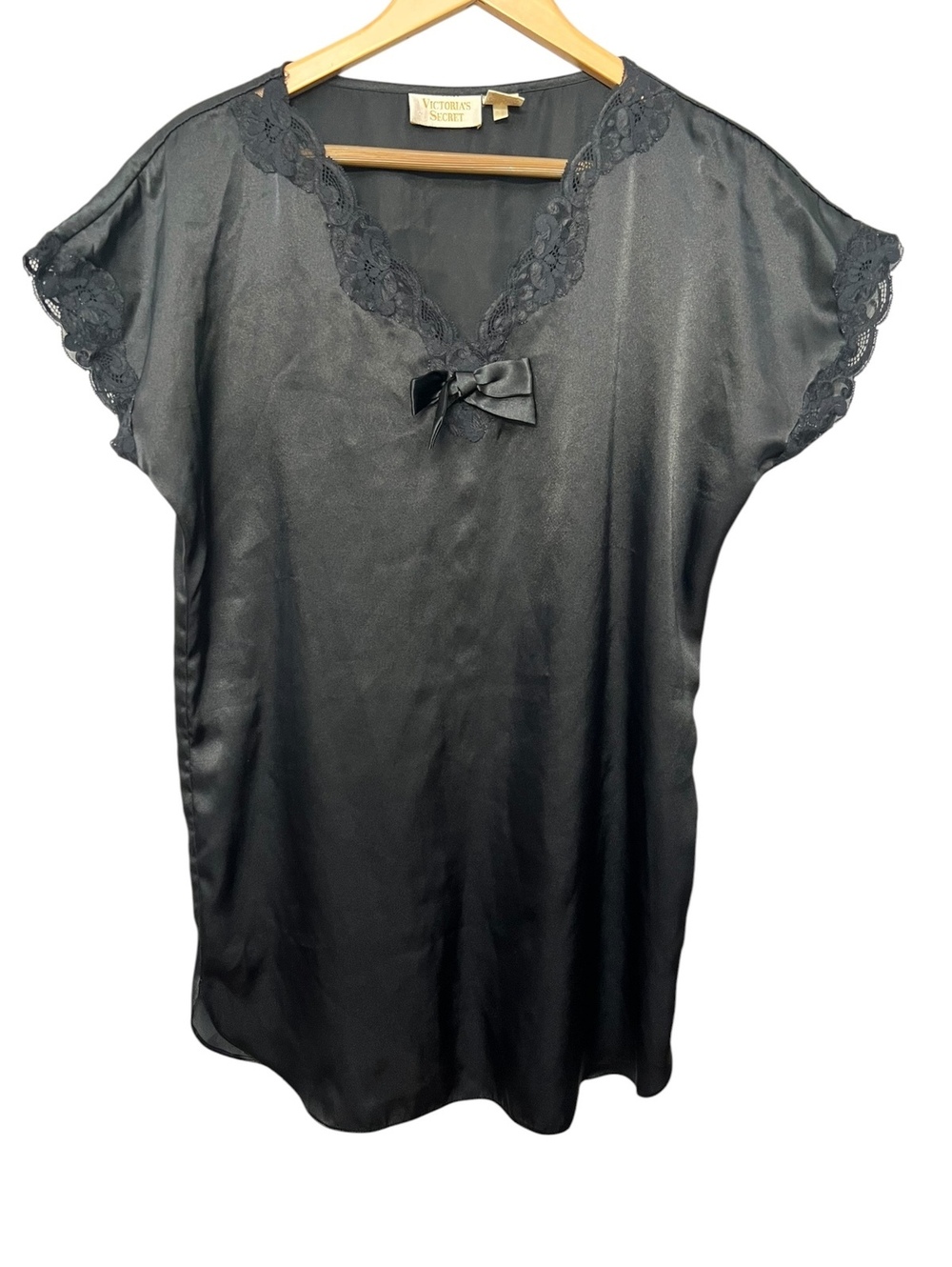 Vintage Victoria's Secret Gold Label Black Satin Lace Nightgown Chemise P/S